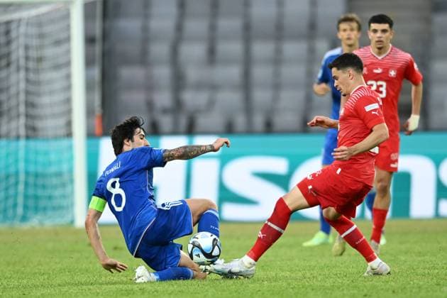 Fabian Rieder (Switzerland U21, U 21 Sandro Tonali (Italy U21) during the UEFA Under 21 Championship Georgia-Romania 2023 match between Switzerland 2-3 Italy at Cluj Arena on June 25, 2023 in Cluj-Napoca, Romania. Noxthirdxpartyxsales  (222672019)
