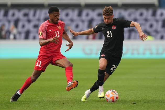 June 27, 2023, TORONTO, ON, CAN: Canada s Jonathan Osorio (right) protects the ball from Guadeloupe s Jordan Tell during first half CONCACAF Gold Cup group stage action in Toronto, on Tuesday, June 27, 2023. Jonathan Osorio; Jordan Tell  - ZUMAc35_ 20230627_zaf_c35_110 Copyright: xChrisxYoungx