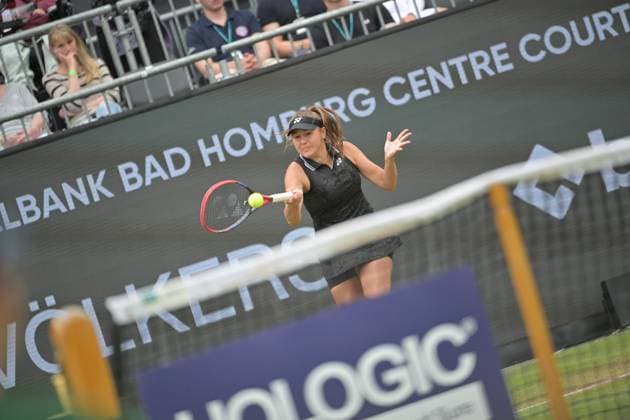 28.06.2023, xbrx, Tennis Bad Homburg Open WTA, Tennis Damen 250, emspor, v.l. Rodina, Evgeniya, spielt den Ball, fokussiert, konzentriert Bad Homburg