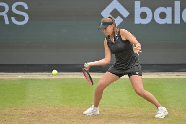 28.06.2023, xbrx, Tennis Bad Homburg Open WTA, Tennis Damen 250, emspor, v.l. Rodina, Evgeniya, spielt den Ball, fokussiert, konzentriert Bad Homburg