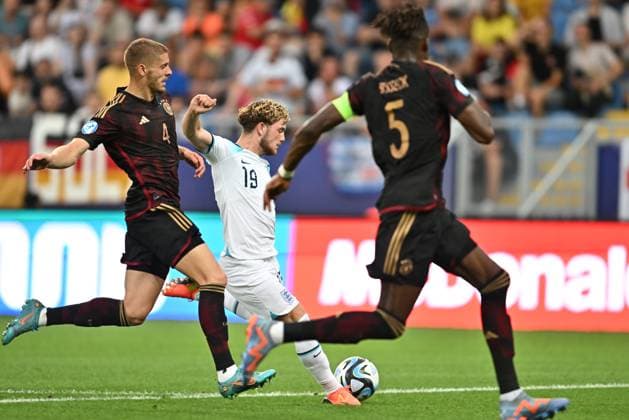 Sport Bilder des Tages BATUMI, GEORGIA - JUNE 28: Harvey Elliott of England scores his sides second goal during the UEFA Under-21 Euro 2023 Group C match between England and Germany at Adjarabet Arena on June 28, 2023 in Batumi, Georgia. SPO 