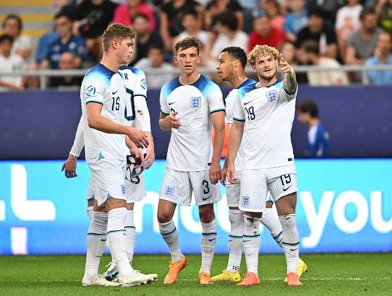 Sport Bilder des Tages BATUMI, GEORGIA - JUNE 28: Harvey Elliott of England celebrates with his team-mates after scoring his sides second goal during the UEFA Under-21 Euro 2023 Group C match between England and Germany at Adjarabet Arena on June 28, 2023 in Batumi, Georgia. SPO 