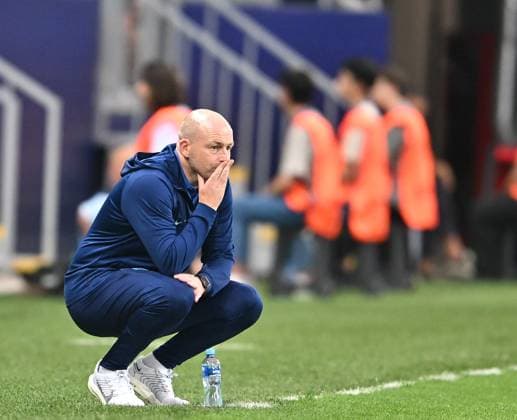 BATUMI, GEORGIA - JUNE 28: England Manager Lee Carsley kneels and covers his mouth as he watches on during the UEFA Under-21 Euro 2023 Group C match between England and Germany at Adjarabet Arena on June 28, 2023 in Batumi, Georgia. SPO 