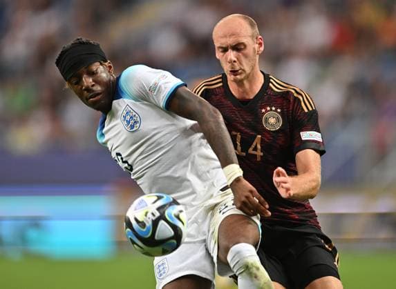 BATUMI, GEORGIA - JUNE 28: Noni Madueke of England battles with Henning Matriciani of Germany during the UEFA Under-21 Euro 2023 Group C match between England and Germany at Adjarabet Arena on June 28, 2023 in Batumi, Georgia. SPO 