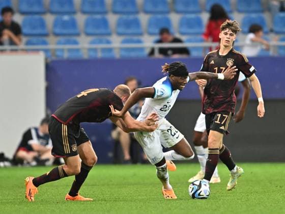 BATUMI, GEORGIA - JUNE 28: Noni Madueke of England battles with Henning Matriciani of Germany during the UEFA Under-21 Euro 2023 Group C match between England and Germany at Adjarabet Arena on June 28, 2023 in Batumi, Georgia. SPO 
