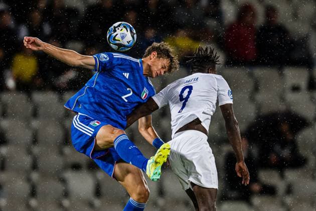 230628 Giorgio Scalvini of Italy and Seedyahmed Tijan Jatta of Norway during the UEFA European Under-21 Championship group stage football match between Italy and Norway on June 28, 2023 in Cluj-Napoca. Photo: Marius Simensen BILDBYRAN COP 238 MM0023 bbeng euro under-21 football fotball fotboll italia norge norway soccer taly U21, U 21 u21-em uefa european under-21 championship Copyright: MARIUSxSIMENSEN BB230628BB198