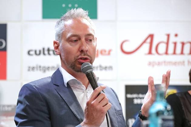 Tourismusfruehstueck: EURO 2024, Spielort Leipzig, 28.06.2023 Stefan Schedler (Stadt Leipzig, Gesamtprojektleiter fuer die UEFA EURO, EM, Europameisterschaft,Fussball 2024) beim 222. Tourismusfruehstueck am 28.06.2023 in der Moritzbastei Leipzig zum Thema: Anstoss EURO 2024 - Wo steht der Spielort Leipzig ein Jahr vor der Fussball-EM? Copyright: xBEAUTIFULxSPORTS JanxKaeferx