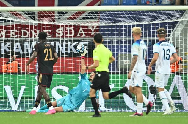 BATUMI, GEORGIA - JUNE 28: England goalkeeper James Trafford makes a save during the UEFA Under-21 Euro 2023 Group C match between England and Germany at Adjarabet Arena on June 28, 2023 in Batumi, Georgia. SPO 
