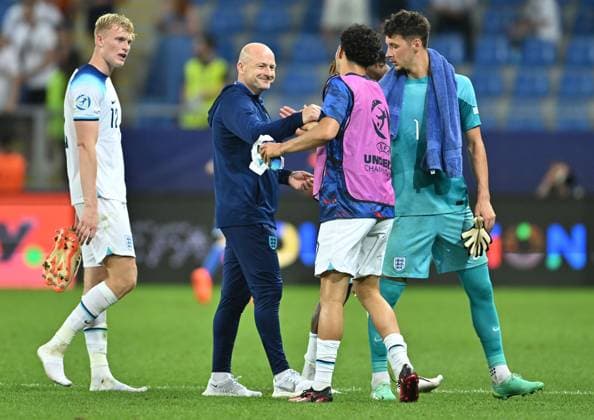 BATUMI, GEORGIA - JUNE 28: England Manager Lee Carsley congratulates his players after the UEFA Under-21 Euro 2023 Group C match between England and Germany at Adjarabet Arena on June 28, 2023 in Batumi, Georgia. SPO 