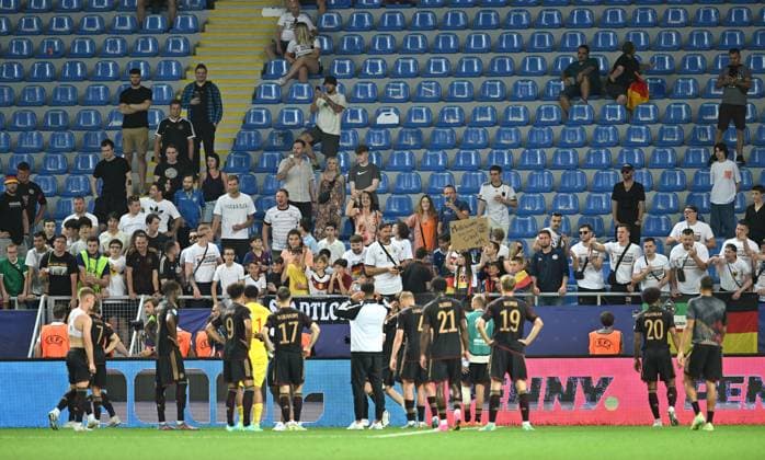 BATUMI, GEORGIA - JUNE 28: The Germany players acknowledge there fans after the UEFA Under-21 Euro 2023 Group C match between England and Germany at Adjarabet Arena on June 28, 2023 in Batumi, Georgia. SPO 