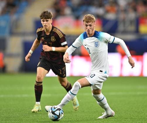 BATUMI, GEORGIA - JUNE 28: Cole Palmer of England in possession during the UEFA Under-21 Euro 2023 Group C match between England and Germany at Adjarabet Arena on June 28, 2023 in Batumi, Georgia. SPO 