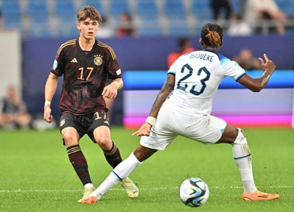 BATUMI, GEORGIA - JUNE 28: Noah Wei?haupt of Germany passes the ball during the UEFA Under-21 Euro 2023 Group C match between England and Germany at Adjarabet Arena on June 28, 2023 in Batumi, Georgia. SPO 