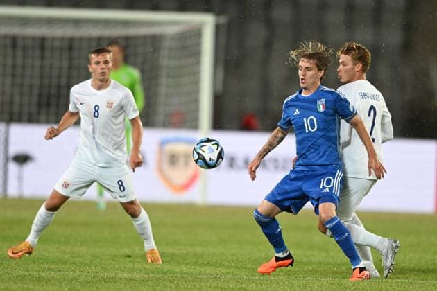 Johan Hove (Norway U21, U 21 Nicolo Rovella (Italy U21)Sebastian Sebulonsen (Norway U21) during the UEFA Under 21 Championship Georgia-Romania 2023 match between Italy 0-1 Nowey at Cluj Arena on June 28, 2023 in Cluj-Napoca, Romania. Noxthirdxpartyxsales  (222930815)