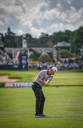 29th June 2023; The Belfry, Sutton Coldfield, West Midlands, England: Betfred British Masters Golf, Day 1; Justin Rose plays an approach to the 18th green  ActionPlus12524866 GodfreyxPitt