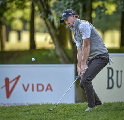 29th June 2023; The Belfry, Sutton Coldfield, West Midlands, England: Betfred British Masters Golf, Day 1; Sean Crocker (USA) chips onto the green  ActionPlus12524869 GodfreyxPitt