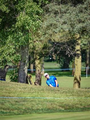 29th June 2023; The Belfry, Sutton Coldfield, West Midlands, England: Betfred British Masters Golf, Day 1; Yannik Paul (GER) chips onto the green after a wayward approach shot  ActionPlus12524874 GodfreyxPitt