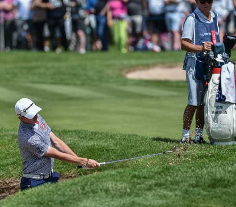 29th June 2023; The Belfry, Sutton Coldfield, West Midlands, England: Betfred British Masters Golf, Day 1; Tom McKibbin escapes out of a bunker on the 9th hole  ActionPlus12524902 GodfreyxPitt