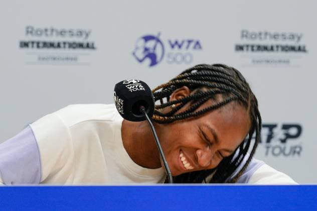 Mandatory Credit: Photo by Dave Shopland Shutterstock (13984800ct) Coco Gauff reacts to being asked if she hung out with Caroline Wozniaki in Florida at her press conference, PK, Pressekonferenz Rothesay International Eastbourne, Tennis, Day Four, Devonshire Park, Eastbourne, UK - 29 Jun 2023 Rothesay International Eastbourne, Tennis, Day Four, Devonshire Park, Eastbourne, UK - 29 Jun 2023  Copyright: xDavexShopland Shutterstockx 13984800ct