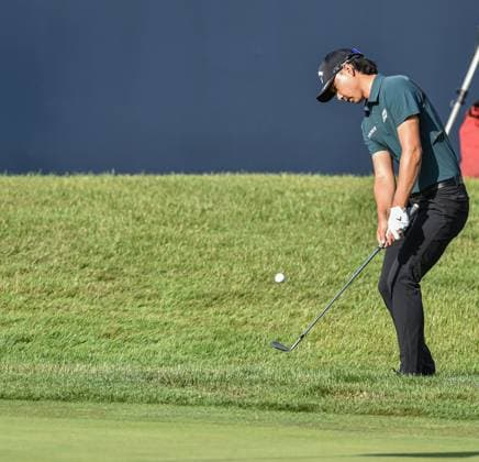 29th June 2023; The Belfry, Sutton Coldfield, West Midlands, England: Betfred British Masters Golf, Day 1; Min Woo Lee (AUS) chips onto the green from the greenside rough  ActionPlus12525023 GodfreyxPitt