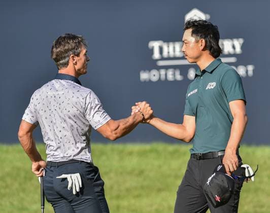 29th June 2023; The Belfry, Sutton Coldfield, West Midlands, England: Betfred British Masters Golf, Day 1; Min Woo Lee (AUS) shakes hands with Thorbjorn Olesen (DEN)  ActionPlus12525026 GodfreyxPitt