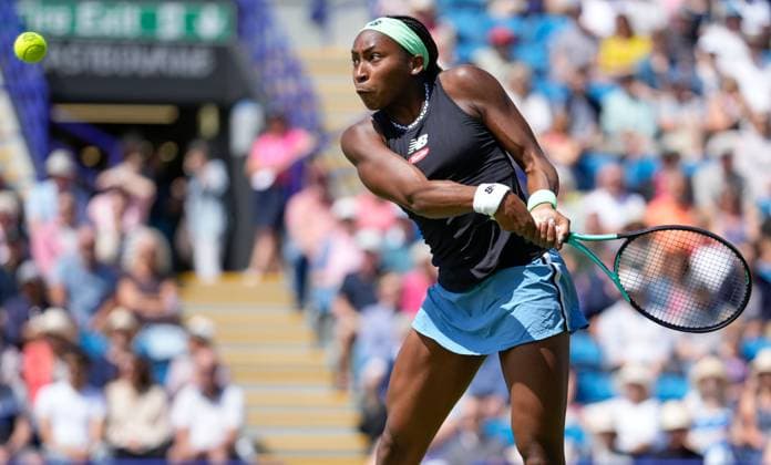 Mandatory Credit: Photo by Dave Shopland Shutterstock (13984801al) USA s Coco Gauff in action during her semi final defeat Rothesay International Eastbourne, Tennis, Day Five, Devonshire Park, Eastbourne, UK - 30 Jun 2023 Rothesay International Eastbourne, Tennis, Day Five, Devonshire Park, Eastbourne, UK - 30 Jun 2023  Copyright: xDavexShopland Shutterstockx 13984801al