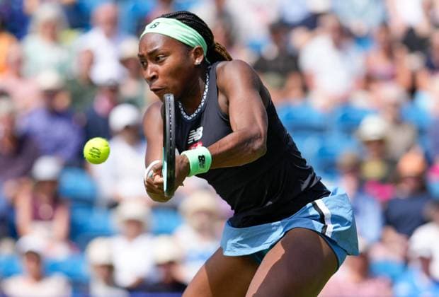 Mandatory Credit: Photo by Dave Shopland Shutterstock (13984801an) USA s Coco Gauff in action during her semi final defeat Rothesay International Eastbourne, Tennis, Day Five, Devonshire Park, Eastbourne, UK - 30 Jun 2023 Rothesay International Eastbourne, Tennis, Day Five, Devonshire Park, Eastbourne, UK - 30 Jun 2023  Copyright: xDavexShopland Shutterstockx 13984801an