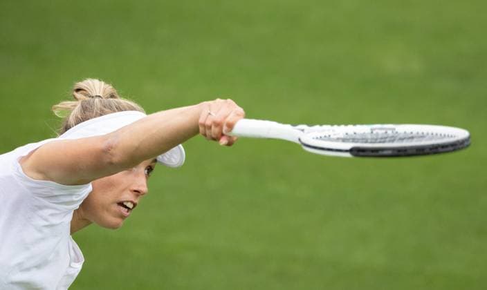 Belgian Elise Mertens pictured in action during a training session ahead of the 2023 Wimbledon grand slam tennis tournament at the All England Tennis Club, in south-west London, Britain, Friday 30 June 2023. BENOITxDOPPAGNE  x69761895x