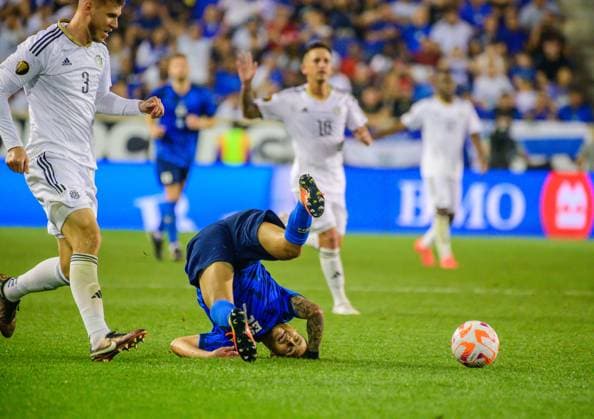June 30, 2023, Harrrison, New Jersey, U.S: June 30, 2023, Harrison NJ- El Salvador player JOSHUA PEREZ (7) is knocked down by Costa Rica player, JUAN PABLO VARGAS (3) during the CONCACAF game held at the RedBull Arena Harrrison U.S. - ZUMArf1_ 20230630_zaf_rf1_035 Copyright: xRickyxFitchettx