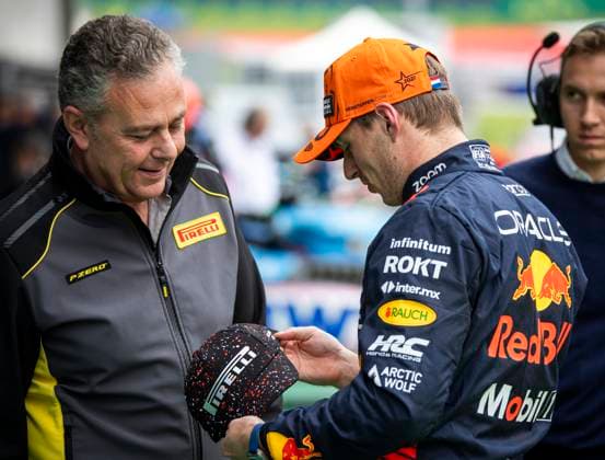 FORMULA 1 - GP of Austria 2023 SPIELBERG,AUSTRIA,01.JUL.23 - MOTORSPORTS, FORMULA 1 - Grand Prix of Austria, Red Bull Ring, sprint shootout. Image shows Marco Isola (Pirelli) and Max Verstappen (NED Red Bull Racing).  GEPAxpictures xWolfgangxJannach