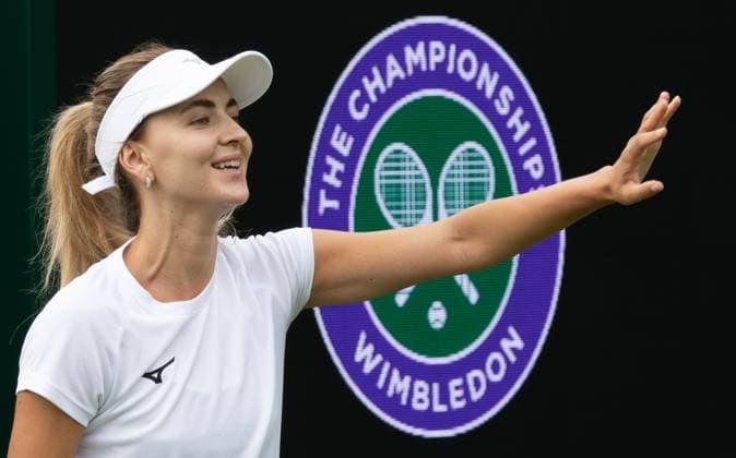 Belgian Maryna Zanevska reacts during a training session ahead of the 2023 Wimbledon grand slam tennis tournament at the All England Tennis Club, in south-west London, Britain, Saturday 01 July 2023. BENOITxDOPPAGNE  x69841236x