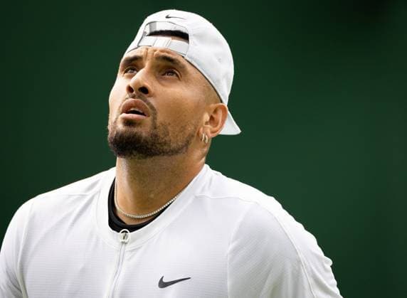 Australian Nick Kyrgios reacts during a training session ahead of the 2023 Wimbledon grand slam tennis tournament at the All England Tennis Club, in south-west London, Britain, Saturday 01 July 2023. BENOITxDOPPAGNE  x69841281x