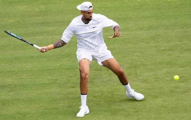 Australian Nick Kyrgios pictured in action during a training session ahead of the 2023 Wimbledon grand slam tennis tournament at the All England Tennis Club, in south-west London, Britain, Saturday 01 July 2023. BENOITxDOPPAGNE  x69841426x