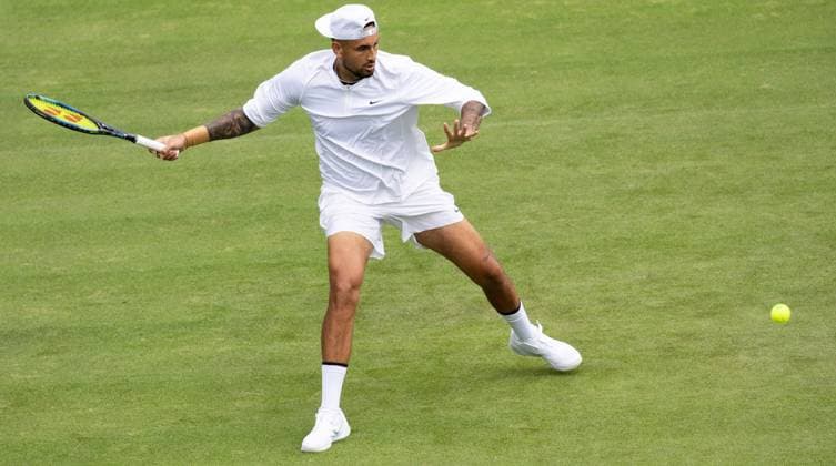 Australian Nick Kyrgios pictured in action during a training session ahead of the 2023 Wimbledon grand slam tennis tournament at the All England Tennis Club, in south-west London, Britain, Saturday 01 July 2023. BENOITxDOPPAGNE  x69841463x