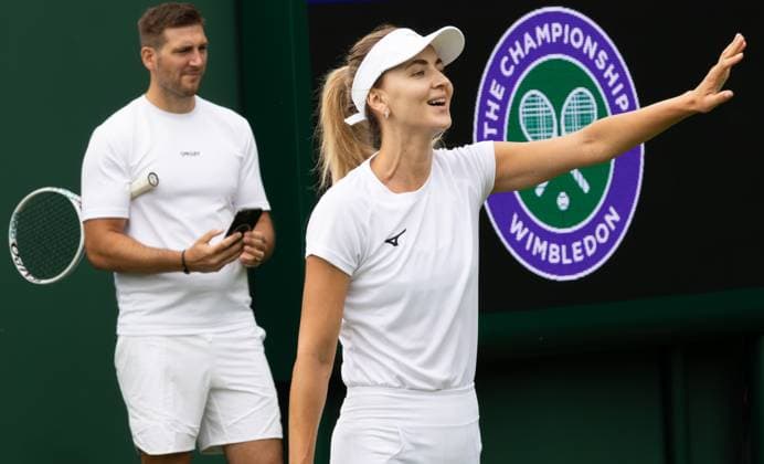 Belgian Maryna Zanevska and her husband Philipp-Andreas Schmidt pictured during a training session ahead of the 2023 Wimbledon grand slam tennis tournament at the All England Tennis Club, in south-west London, Britain, Saturday 01 July 2023. BENOITxDOPPAGNE  x69841645x