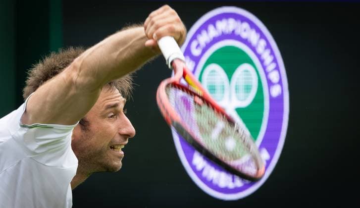 Belgian Sander Gille pictured in action during a training session ahead of the 2023 Wimbledon grand slam tennis tournament at the All England Tennis Club, in south-west London, Britain, Saturday 01 July 2023. BENOITxDOPPAGNE  x69842762x