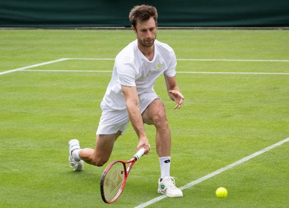 Belgian Sander Gille pictured in action during a training session ahead of the 2023 Wimbledon grand slam tennis tournament at the All England Tennis Club, in south-west London, Britain, Saturday 01 July 2023. BENOITxDOPPAGNE  x69842776x