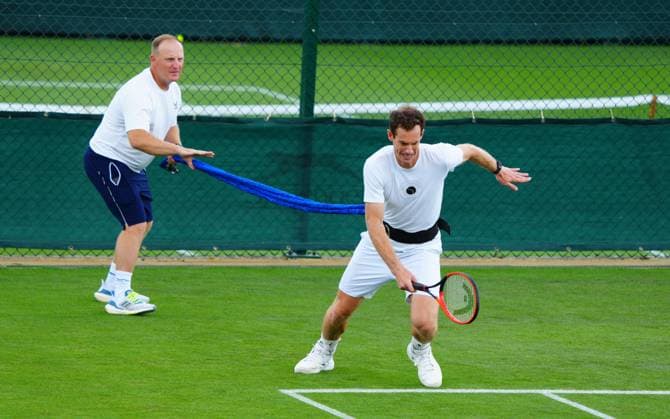 Mandatory Credit: Photo by Javier Garcia Shutterstock (13987399ak) Andy Murray practices with strength and conditioning coach Matt Little Wimbledon Tennis Championship Practice and Previews, The All England Lawn Tennis and Croquet Club, London, UK - 01 Jul 2023 Wimbledon Tennis Championship Practice and Previews, The All England Lawn Tennis and Croquet Club, London, UK - 01 Jul 2023  Copyright: xJavierxGarcia Shutterstockx 13987399ak