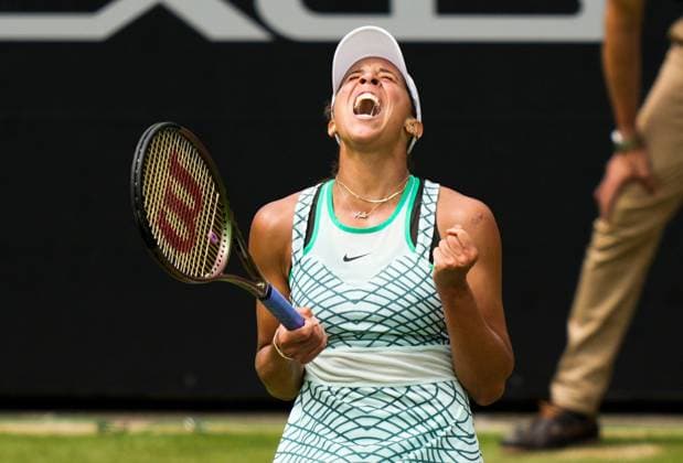 Mandatory Credit: Photo by Dave Shopland Shutterstock (13984806c) USA s Madison Keys celebrates winning match point in the Final Rothesay International Eastbourne, Tennis, Day Six, Devonshire Park, Eastbourne, UK - 01 Jul 2023 Rothesay International Eastbourne, Tennis, Day Six, Devonshire Park, Eastbourne, UK - 01 Jul 2023  Copyright: xDavexShopland Shutterstockx 13984806c