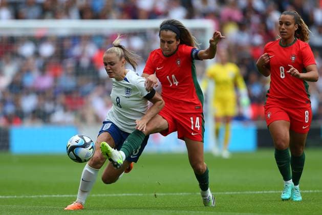 1st July 2023; Stadium MK, Milton Keynes, England; Womens International Football Friendly , England versus Portugal; Georgia Stanway of England and Dolores Silva of Portugal compete for the ball  ActionPlus12525535 KatiexChan