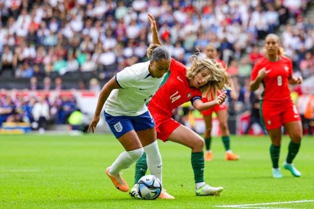 England Women v Portugal Friendly 01 07 2023. Women s International Lauren James of England tussles with Dolores Silva (14) of Portugal during the Friendly match between England Women and Portugal at stadium:mk, Milton Keynes, England on 1 July 2023. Editorial use only , Copyright: xNigelxKeenex PSI-17585-0016