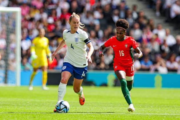 England Women v Portugal Friendly 01 07 2023. Women s International Keira Walsh (4) of England battles with Diana Silva (16) of Portugal during the Friendly match between England Women and Portugal at stadium:mk, Milton Keynes, England on 1 July 2023. Editorial use only , Copyright: xNigelxKeenex PSI-17585-0020