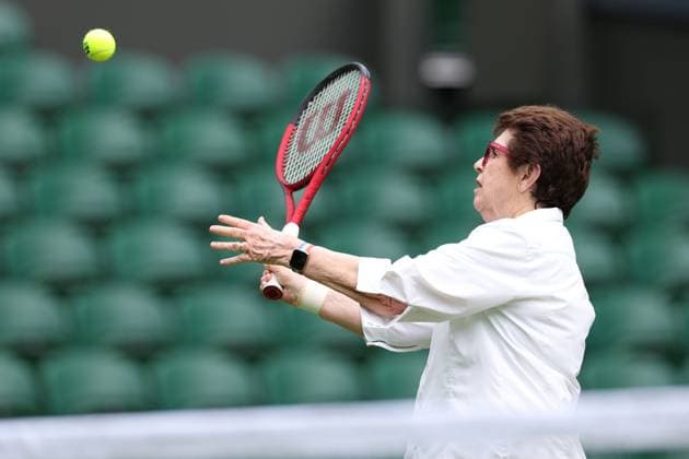 1st July 2023; All England Lawn Tennis and Croquet Club, London, England: Wimbledon Tennis Tournament Practice Day; Billie Jean King practices on centre court with Debbie Jevans  ActionPlus12525569 ShaunxBrooks