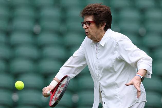 1st July 2023; All England Lawn Tennis and Croquet Club, London, England: Wimbledon Tennis Tournament Practice Day; Billie Jean King practices on centre court with Debbie Jevans  ActionPlus12525571 ShaunxBrooks