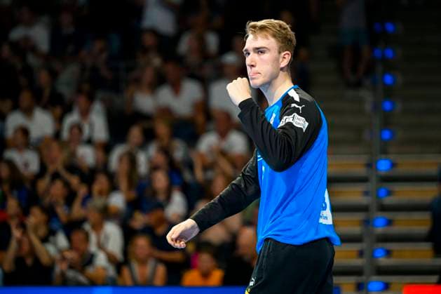 Berlin, 01. Juli 2023: Handball U21, U 21 WM - Finalrunde - Halbfinale - Deutschland - Serbien Torhueter Lasse Ludwig (Deutschland VfL Potsdam) Berlin Max-Schmeling-Halle Berlin Deutschland