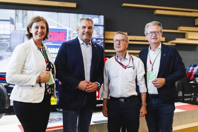 FORMULA 1 - GP of Austria 2023 SPIELBERG,AUSTRIA,02.JUL.23 - MOTORSPORTS, FORMULA 1 - Grand Prix of Austria, Red Bull Ring. Image shows Barbara Eibinger-Miedl, chancellor Karl Nehammer (Austria), Erich Wolf (Red Bull Ring) and governor Christopher Drexler (Styria).  GEPAxpictures xDanielxGoetzhaber