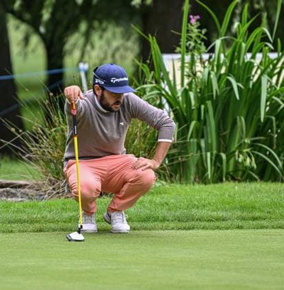 2nd July 2023; The Belfry, Sutton Coldfield, West Midlands, England: Betfred British Masters Golf, Day 4; Angel Hidalgo lines up a putt on the 12th green  ActionPlus12526209 GodfreyxPitt