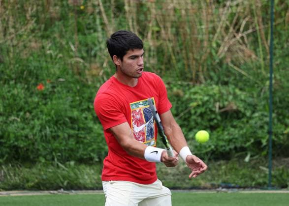 2nd July 2023; All England Lawn Tennis and Croquet Club, London, England: Wimbledon Tennis Tournament Practice Day; Carlos Alcaraz (ESP) with a forehand shot  ActionPlus12526273 JohnxPatrickxFletcher