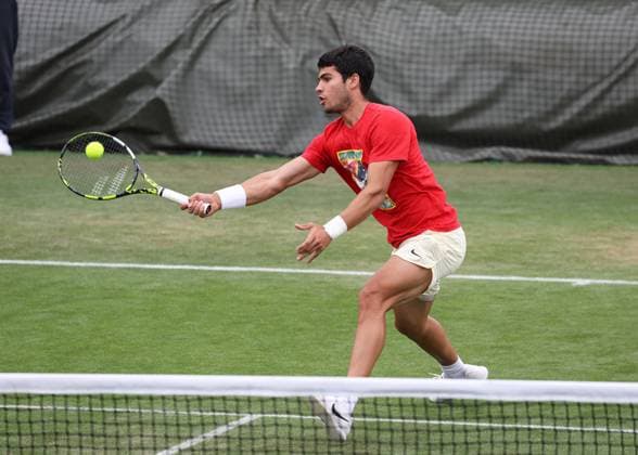 2nd July 2023; All England Lawn Tennis and Croquet Club, London, England: Wimbledon Tennis Tournament Practice Day; Carlos Alcaraz (ESP) with a forehand shot  ActionPlus12526289 JohnxPatrickxFletcher