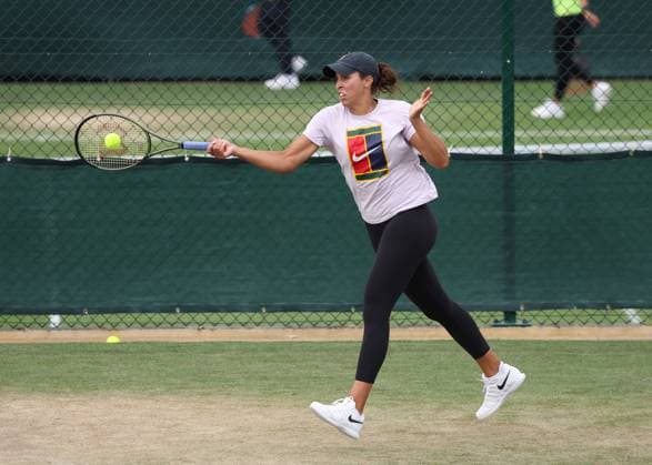 2nd July 2023; All England Lawn Tennis and Croquet Club, London, England: Wimbledon Tennis Tournament Practice Day; Madison Keys (USA) with a forehand shot  ActionPlus12526497 JohnxPatrickxFletcher