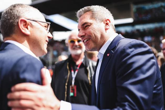FORMULA 1 - GP of Austria 2023 SPIELBERG,AUSTRIA,02.JUL.23 - MOTORSPORTS, FORMULA 1 - Grand Prix of Austria, Red Bull Ring. Image shows CEO Stefano Domenicali (F1) and chancellor Karl Nehammer (Austria).  GEPAxpictures xDanielxGoetzhaber